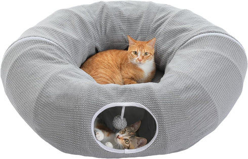 PEQULTI Cat Donut Tunnel with Bed for Indoor Cats, Cat Play Tunnel