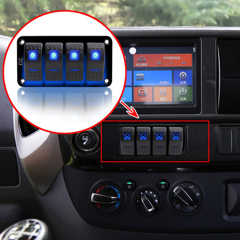 FXC Rocker Switch Aluminum Panel, 4 Gang Toggle Switches Dash, 5 Pin ON/Off, 2 LED Backlit for Boat Car Marine Blue