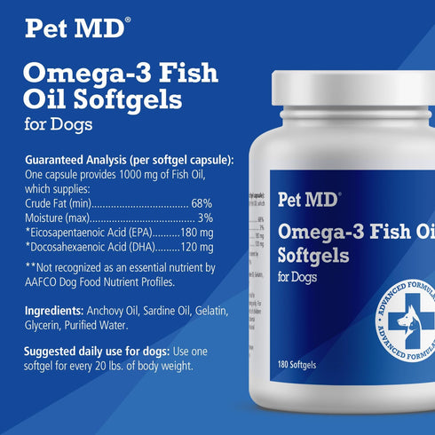 Pet MD Omega 3 Fish Oil Supplement for Dogs - 180 Softgels for Skin and Coat Support
