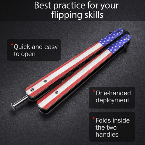 GOOD WORKER American Patriot Butterfly Trainer, Practice Balisong Knife with Dull Blade, USA Flag Design