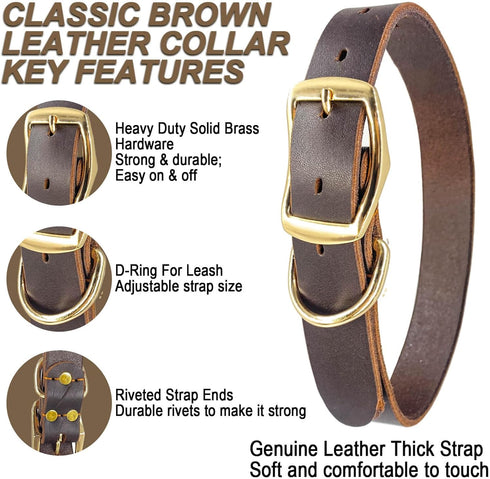 Leather Dog Collar with Heavy Duty Hardware, Full Grain Ultra Soft Genuine Cowhide Metal Buckle for Small Medium Large