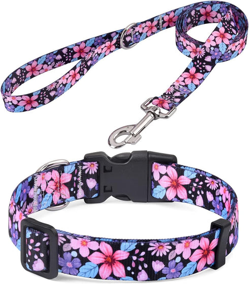 Dog Collar and Leash Set for Medium Dogs, Soft Comfy Pet Collar with Floral Pattern for Boy Girl Puppy Dogs (Floral A