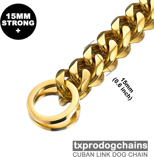 Dog Chain Collar Chew Proof, Heavy Duty 15mm Thick Stainless Steel Metal Cuban Link for Small Medium Large Dogs - Gold