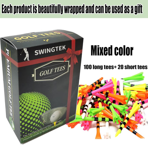 SWINGTEK 120 Pack Plastic Golf Tees, 100 pcs 3-1/4 Inch Unbreakable Long Tees and 20 Short Tees, Mixed Color