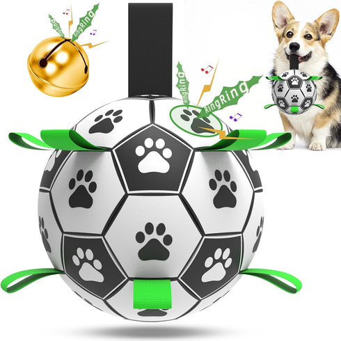 Dog Soccer Balls Toy with Bell Inside, Outdoor Interactive Tug of War Toy for Small and Medium Dogs