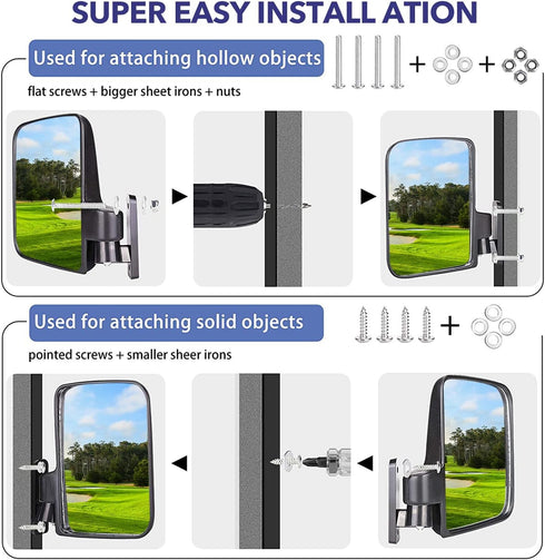Newest Golf Cart Mirrors, 16.5" Panoramic Rear View and Folding Side Mirrors for Club Car