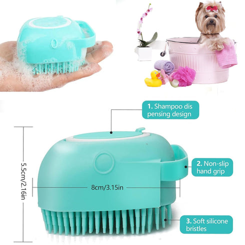 Pet Bath Scrubber Brush, Dog Grooming Massage Shampoo Brush with Soap Dispenser, Soft Silicone Bristle (Blue)
