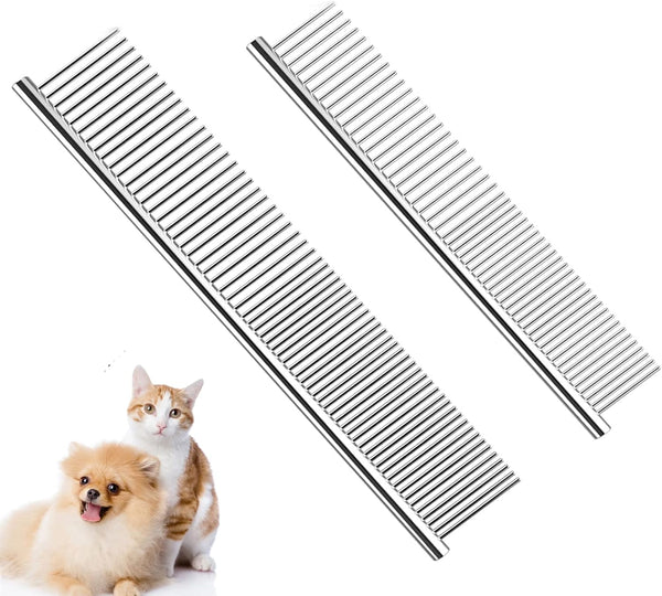 Dog Combs for Grooming, 2 Pack Metal Comb with Rounded Teeth, Stainless Steel Cat Comb for Removing Tangles and Knots
