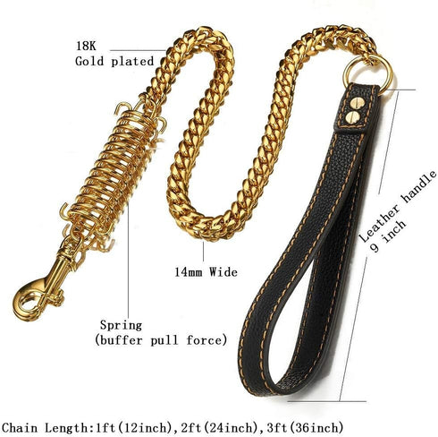 1ft, 2ft, 3ft Strong Gold Metal Cuban Curb Link Chain, 14mm Stainless Steel Dog Safety Leash, Genuine Leather Handle