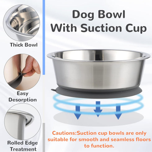 Stainless Steel Dog Bowl Set of 2, Metal Bowls with Suction Base, Rubber Bottom & Easy Clean (Gray, 2 Pack)