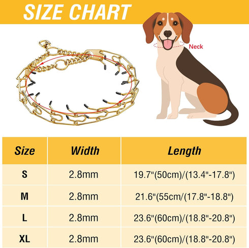 Gold Stainless Steel Dog Pinch Collar, Adjustable No Pull Martingale Training Collar for Medium & Large Dogs