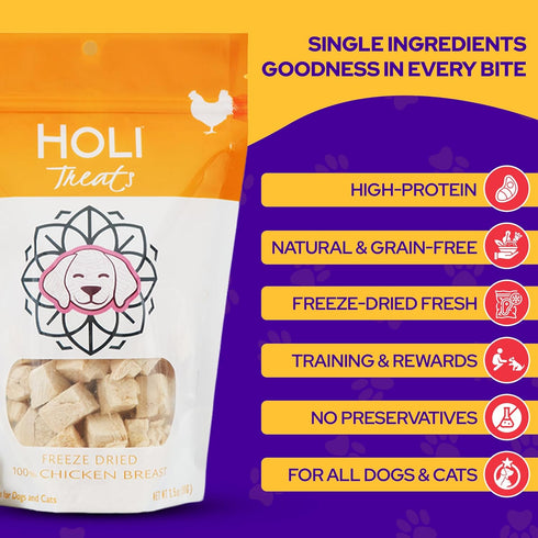 100% 3.5 oz HOLI Freeze Dried Chicken Breast Dog Treats. Single Ingredient Freeze Dried Chicken Treats for Dogs.