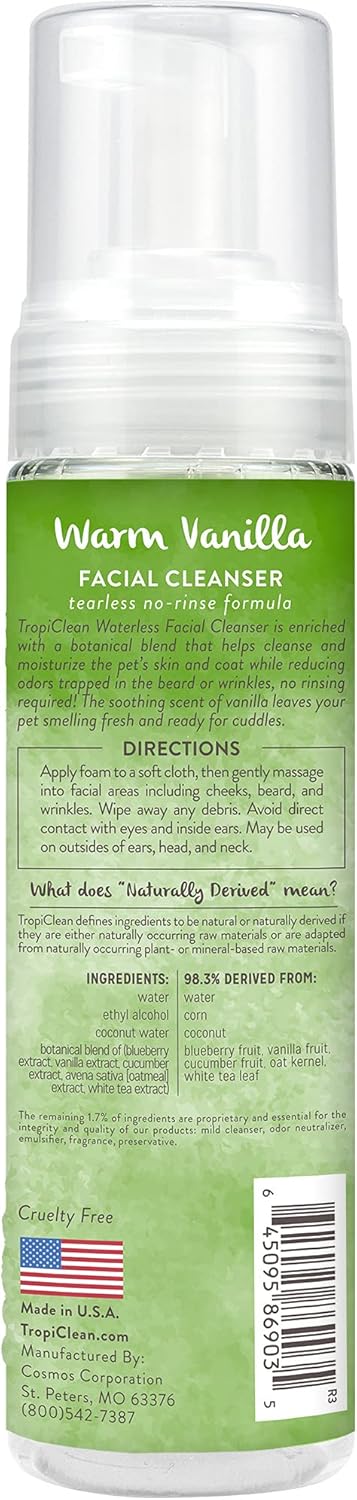 7.4 oz. TropiClean Warm Vanilla Waterless Facial Cleanser for Dogs | Dog Foam Face Wash | Dog Face Wash Derived from