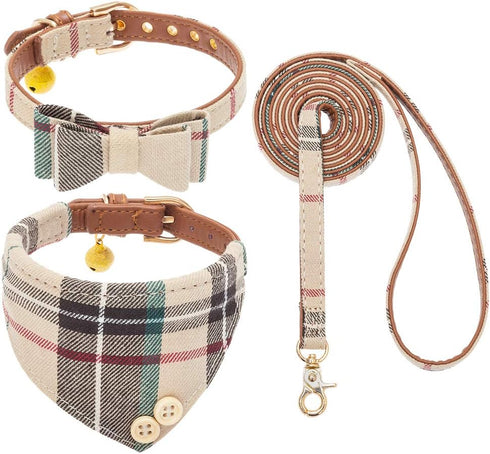 EXPAWLORER Small Dog Collar and Leash Set - Plaid Bow Tie and Bandana Collar with Bell, Adjustable for Small Medium Dogs