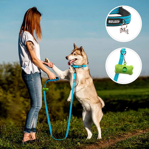 Azuza Blue Durable Padded Dog Leash and Collar Set with Airtag Holder, Reflective Strip for Small Dogs