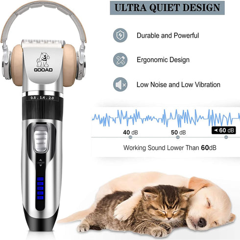 Dog Clippers Grooming Kit and Paw Trimmer, Cordless, Low Noise, Electric Quiet, Rechargeable, for Thick Coats, Silver