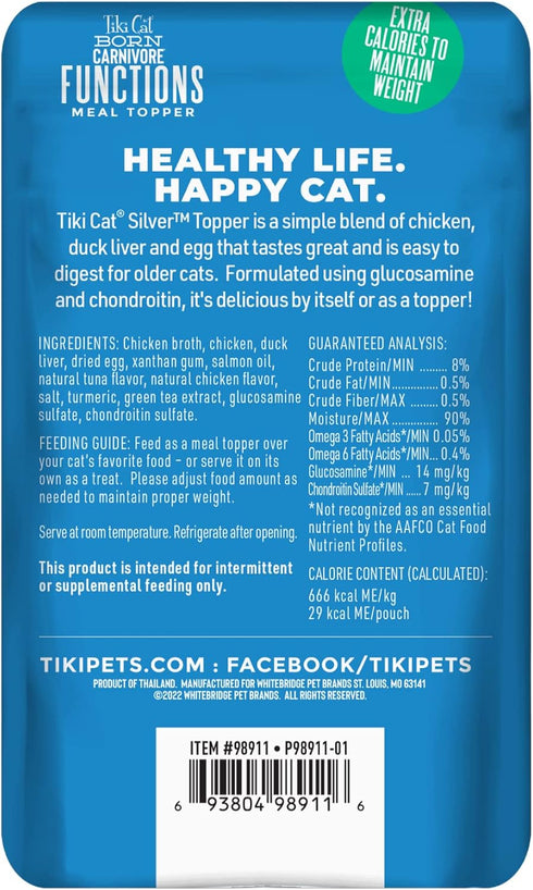 Tiki Cat Born Carnivore Functions Silver, Chicken & Duck Liver Recipe in Broth, High Protein Formulated for Senior Cat Diets, Mousse Cat Food Topper for Older Cats 11+, 1.5 oz. Pouch (12 Count)