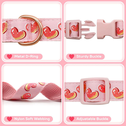 azuza Valentine's Day Dog Collar - Removable Bowtie with Pink Sparkly Hearts Pattern for Small Dogs
