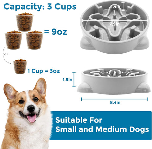Slow Feeder Dog Bowls Durable Dog Puzzle Feeder Non Slip Dog Food Dish Bloat Stop Dog Food Bowls for Small Medium Dogs, 3 Cups, BPA Free, Grey