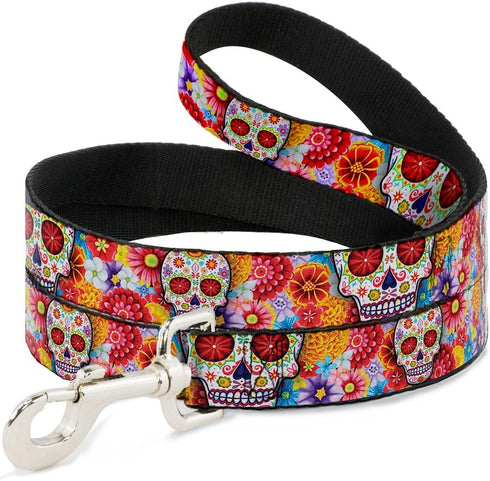 Buckle-Down Pet Leash - Sugar Skull Starburst White/Multi Color - 4 Feet Long, 1" Wide