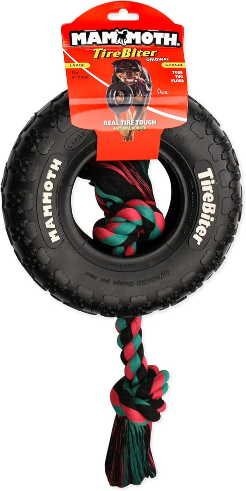 Mammoth TireBiterII with Cotton-Poly Rope – Natural Rubber Dog Toys for Extreme Chewers – Dog Toys for Extra Long Interactive Play – Aggressive Chewer Toys for Medium - Large Dogs - Large 6”
