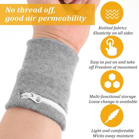 Mabor 4Pcs Wrist Wallet, Wrist Sweat Bands with Zipper Light Pocket Sports Absorb Sweat Wristbands for Women Men Gym