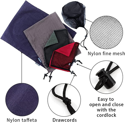 Nylon Stuff Sack Set, 5-Piece (1.4L/2.7L/3L/7.5L/15L) Drawstring Storage Sack for Travel Camping Backpacking, Assorted