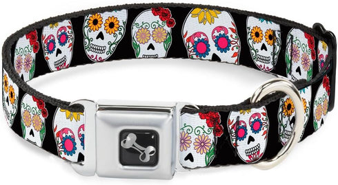 Sugar Skull Outline Dog Collar, Seatbelt Buckle Black Multi Color, 18 to 32 Inches, 1.5 Inch Wide