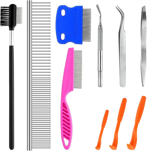 Tick Removal Tool for Dogs - Cat Comb for Shedding, Stainless Steel Grooming Comb Kit for Small Dogs (10 Pack)