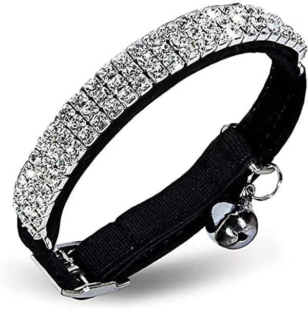 CHUKCHI Soft Velvet Adjustable Cat Collar with Bling Diamante and Bells, 11 inch for Small Dogs & Cats (Black)