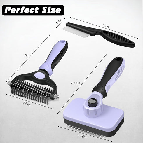 Augwind 3PCS Self Cleaning Slicker Brush & Pet Grooming Rake & Flea Comb for Dogs,Cats and Horses | Double-Sided