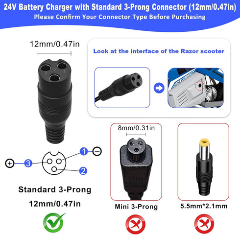 KAVCENT 24V MX350 MX400 PR200, E100 E200 E300 E500 24V 2000mA Electric Scooter Razor Charger for Razor Dirt Bike Dirt
