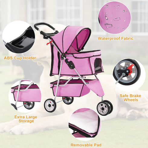 3 BestPet Wheels Pet Dog Stroller Cat Cage Jogger Stroller Cats Travel Folding Carrier Waterproof with Cup Holder