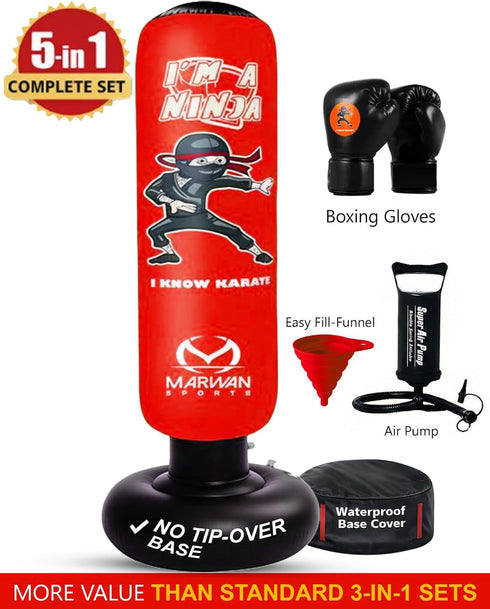 5-in-1 Set 63 4-12, Marwan Sports Kids Punching Bag with Gloves, Pump & Funnel Inflatable Boxing Bag for Kids Durable
