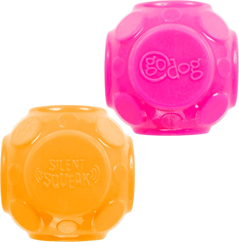 goDog 2-Pack Silent Squeak Ball Dog Toy Set - For Light to Moderate Chewers, Orange/Pink