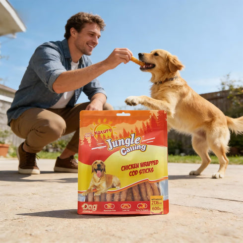1.32lb 35-Count 4.5-Inch Jungle Calling Rawhide Free Dog Treats, Chicken Wrapped Cod Sticks for Dogs, Easily Digestible