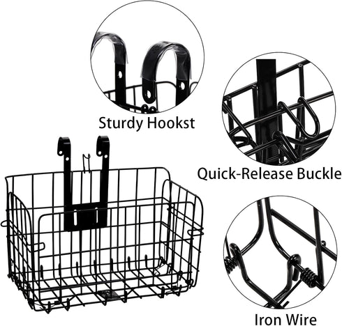 Suwimut Folding Bike Basket, Metal Front Handlebar Bicycle Basket, Detachable Cargo Rack