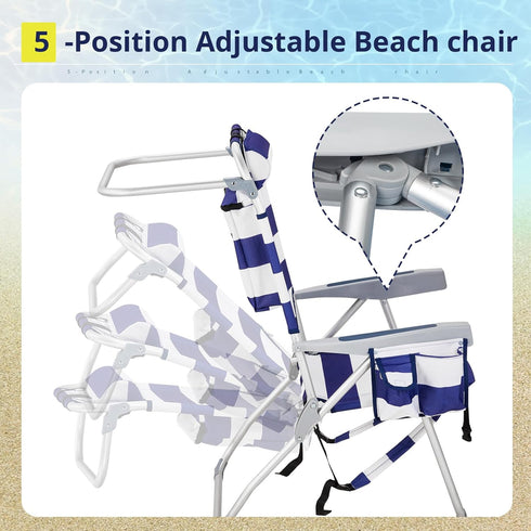 WISLAS Backpack 5-Position Folding High Beach Chair with Headrest & Cup Holder - Portable Aluminum Adjustable Reclining