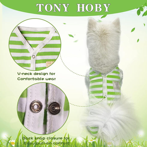 TONY HOBY Dog Pajamas, Summer Sleeveless Jumpsuit with Green Stripes for Small Medium Dogs, White & Green, XL