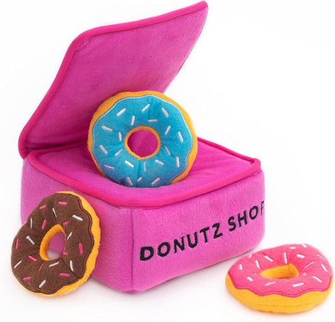 ZippyPaws Burrow Food Buddies Donutz Box - Interactive Hide and Seek Dog Toys, Colorful Squeaky Plush Puzzles for Small