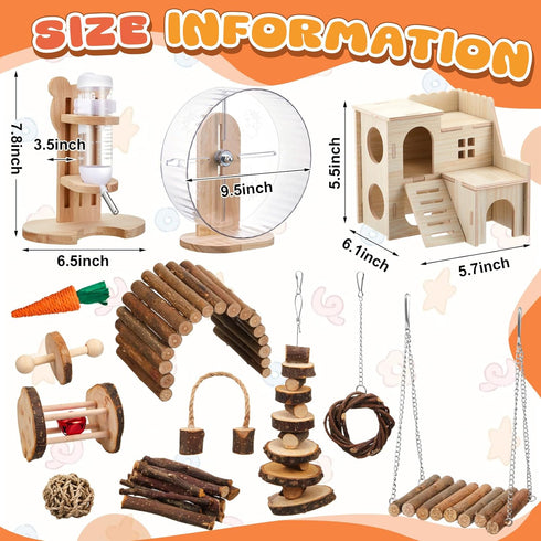 Sonwyoung 18 Set, 10 Set Pcs Hamster Toys Kinds Small Animal Chewing Toys, Maze Wood House, Silent Exercise Running