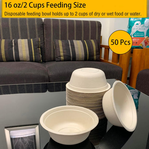 JETKONG 16 oz Disposable Dog Bowls 50pk, 100% Compostable Paper Feeding Bowls for Dry and Wet Dog Food or Water