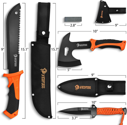 NedFoss 15" Machete & 10" Hatchets - Fixed Blade Hunting Knife with Sheath, Camping Tools Pack