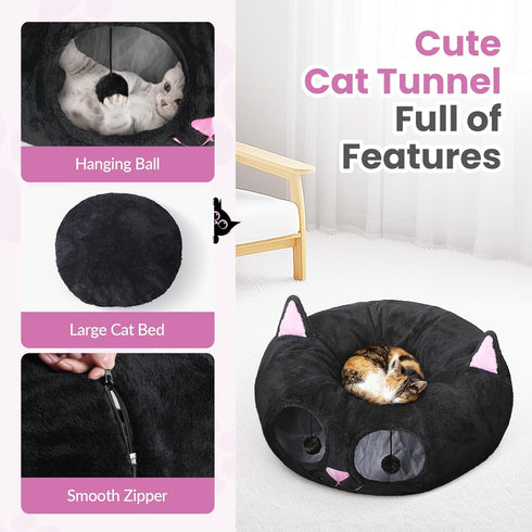 Baseola Cat Tunnel Bed for Indoor Cats, Peekaboo Cat Cave with Washable Soft Play Mat, Furry Cat Tube