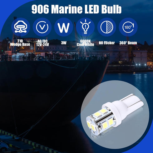 4 906 Bulbs T10 Bulb 6000k Sailboat Aurelema Pcs LED Wedge Base Marine Boat Light Cool White All Round Mast Anchor