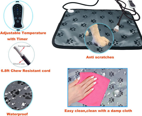 Large Pet Heating Pad 34"x21" for Dogs & Cats, Electric Warming Pad with Timer, Chew Resistant Cord, Easy Clean