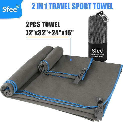 2 Pack Set Backpacking,Bath,Yoga Sfee Microfiber Travel Towel, Quick Dry Camping Towel Large Beach Towel Super