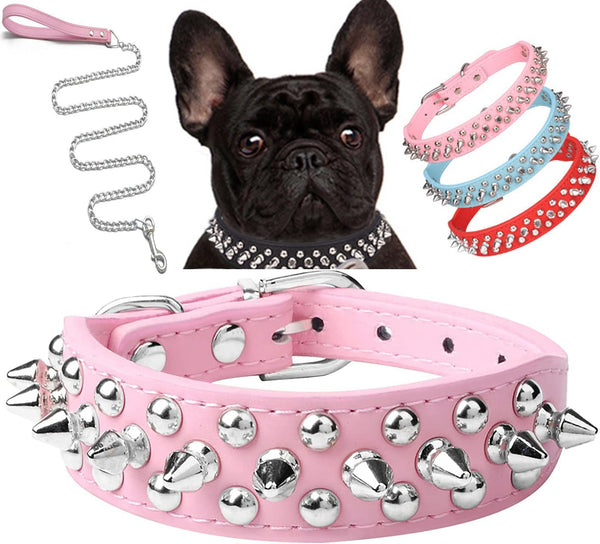 Spiked Dog Collar, Soft PU Leather with Rivet Spike Studded Design, Adjustable for Small Breeds (L, Pink Set)