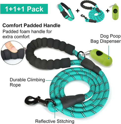 Dynmeow Reflective Dog Collar and Leash Set, 6FT Strong Climbing Rope Leash with Adjustable Pet Collar (Teal, XS)