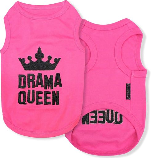 Parisian Pet Dog T-shirt - Embroidered “Drama Queen” - Lightweight Pink Sleeveless Tee for Small Dogs